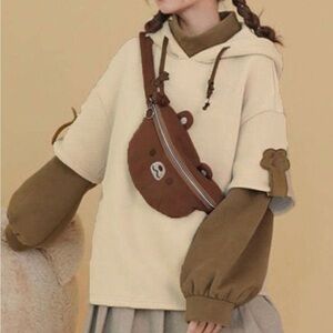 Women Bear Hoodie Long Sleeve Harajuku Anime Hoodie W Removable Teddy Bear Pack